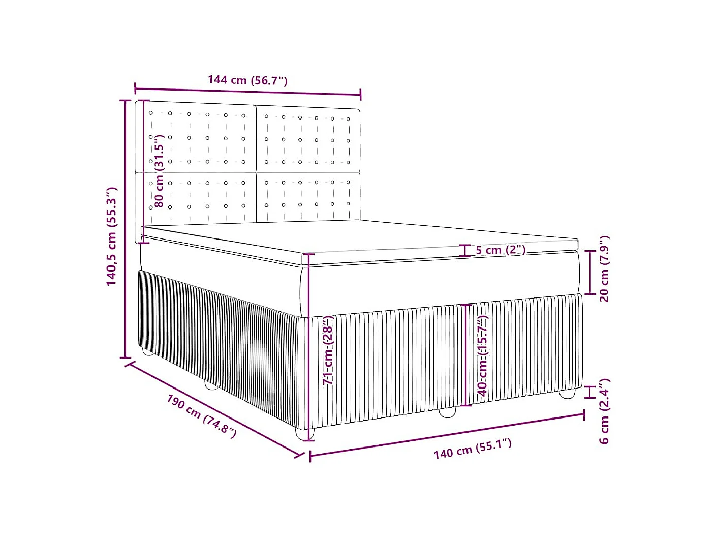 Sommier à lattes de lit et matelas Bleu foncé 140x190cm Velours