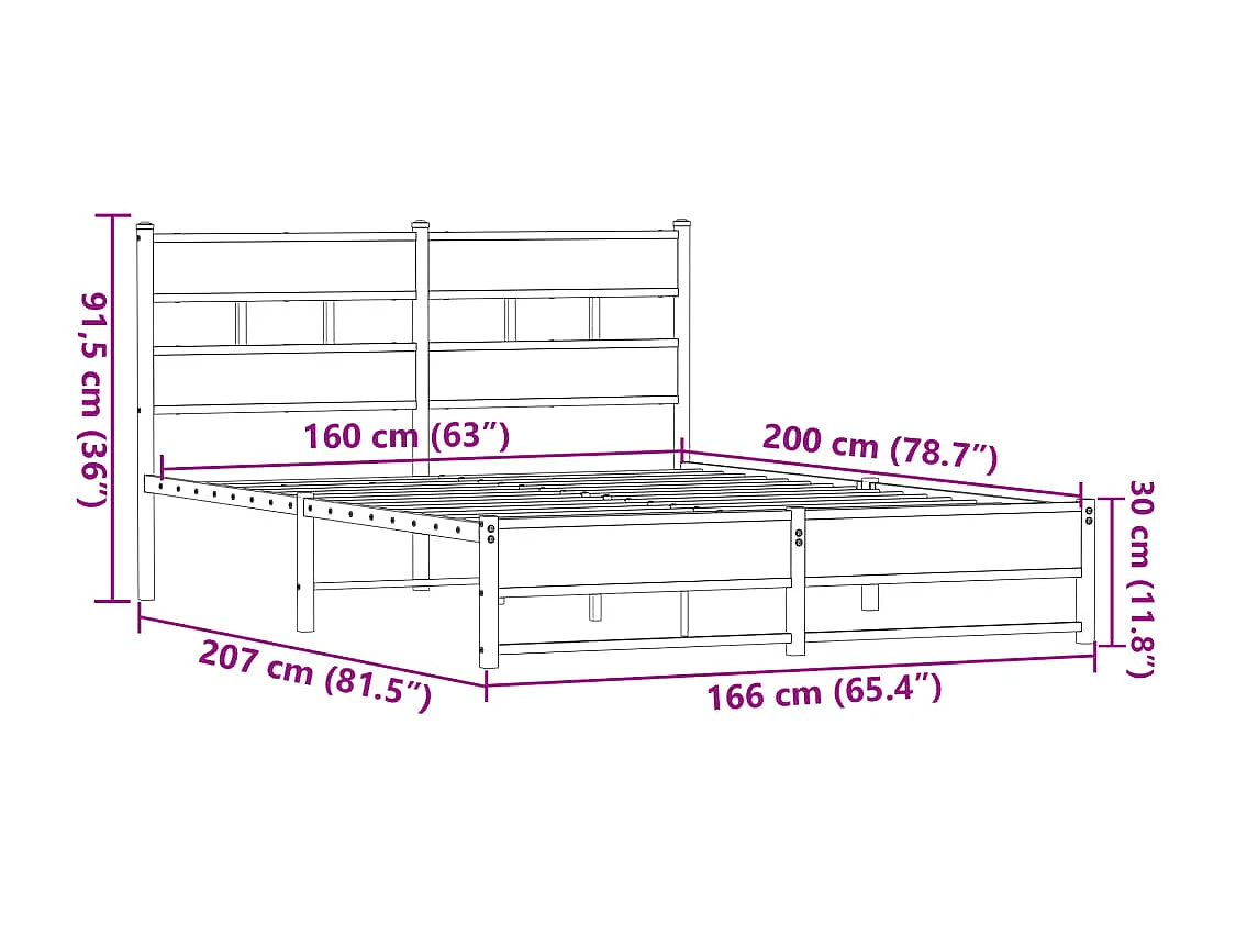 Metallbett ohne Matratze Braun Eichen-Optik 160x200 cm