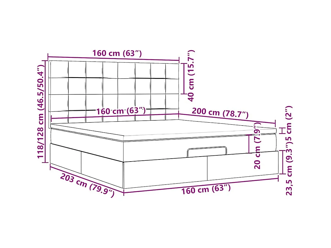 Cadre de lit ottoman avec matelas gris foncé 160x200cm tissu