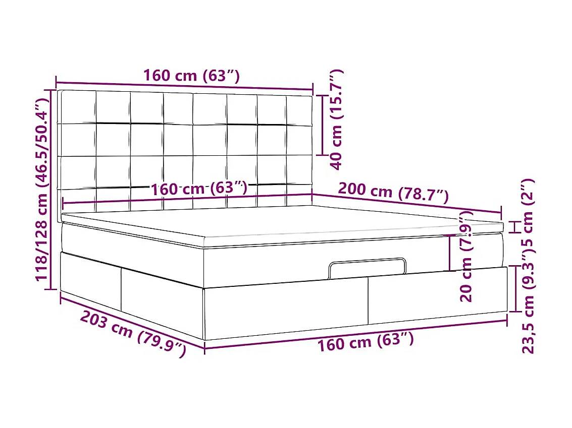 Cadre de lit ottoman avec matelas gris foncé 160x200cm tissu