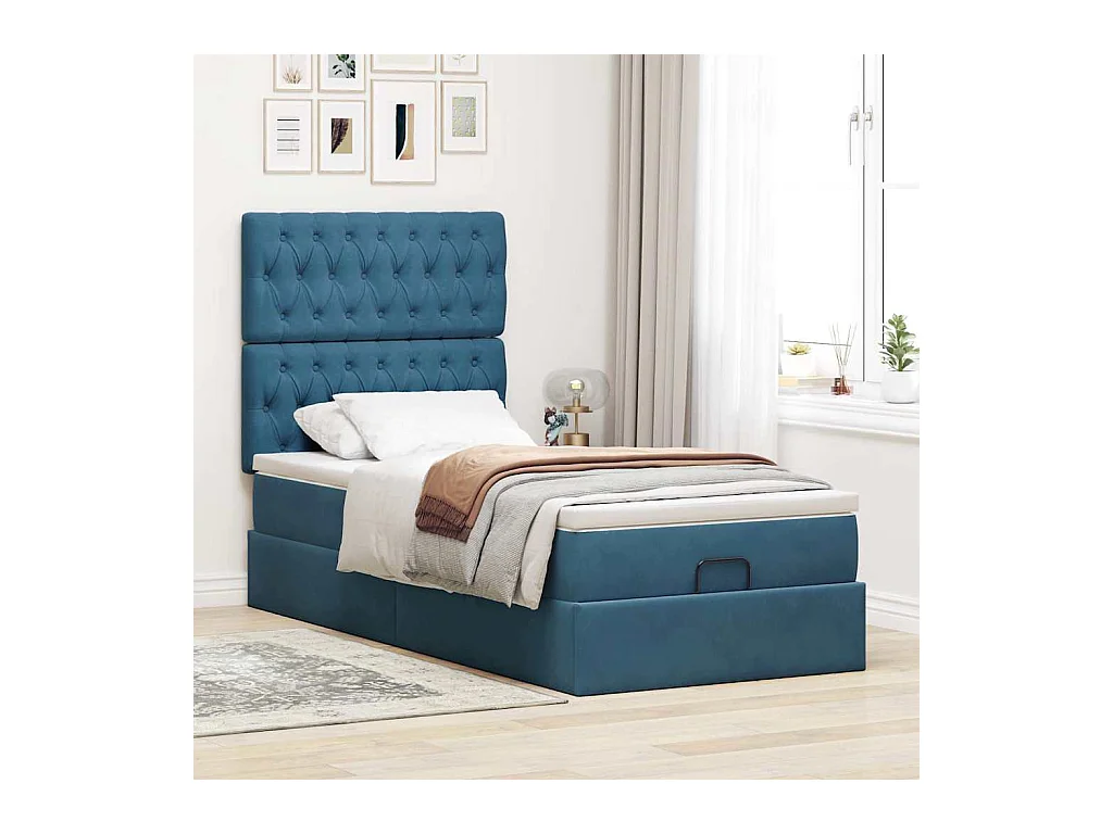 Cadre de lit ottoman avec matelas bleu foncé 90x200 cm velours