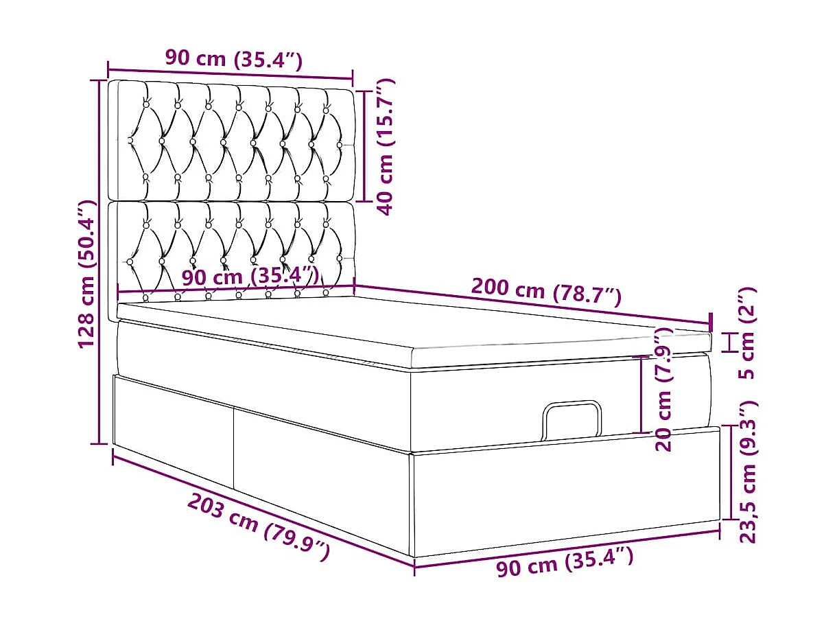 Cadre de lit ottoman avec matelas bleu foncé 90x200 cm velours