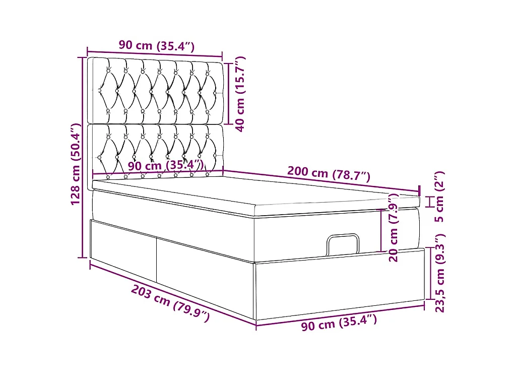 Cadre de lit ottoman avec matelas bleu foncé 90x200 cm velours