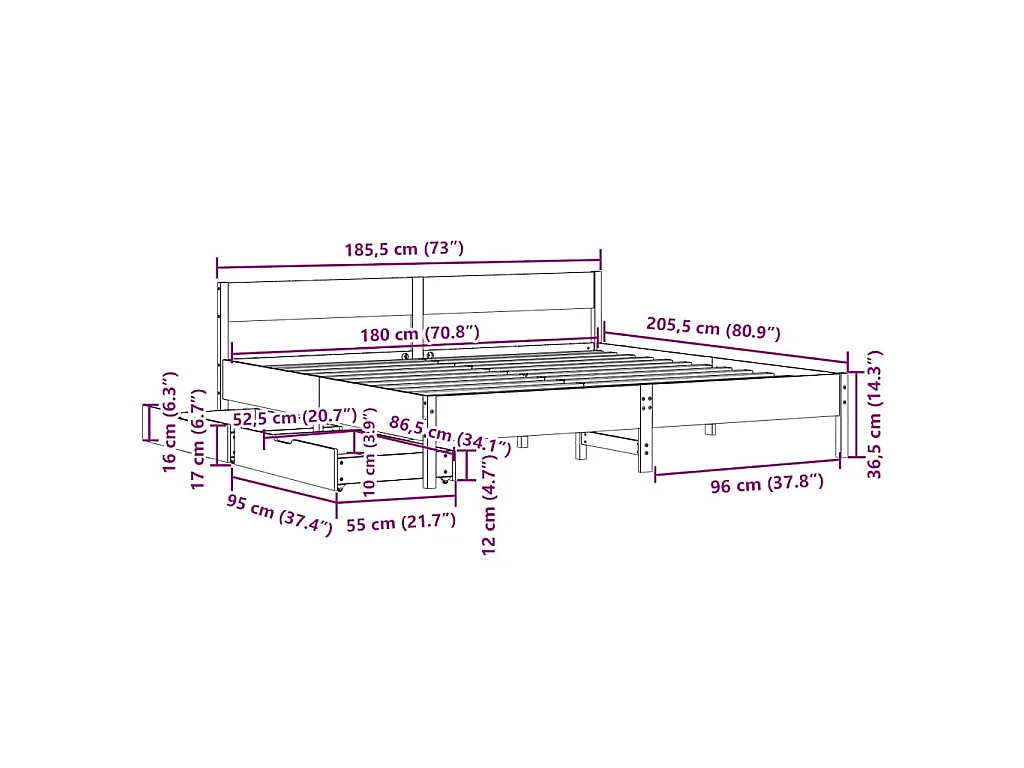 Cadre de lit sans matelas cire marron 180x200cm bois pin massif