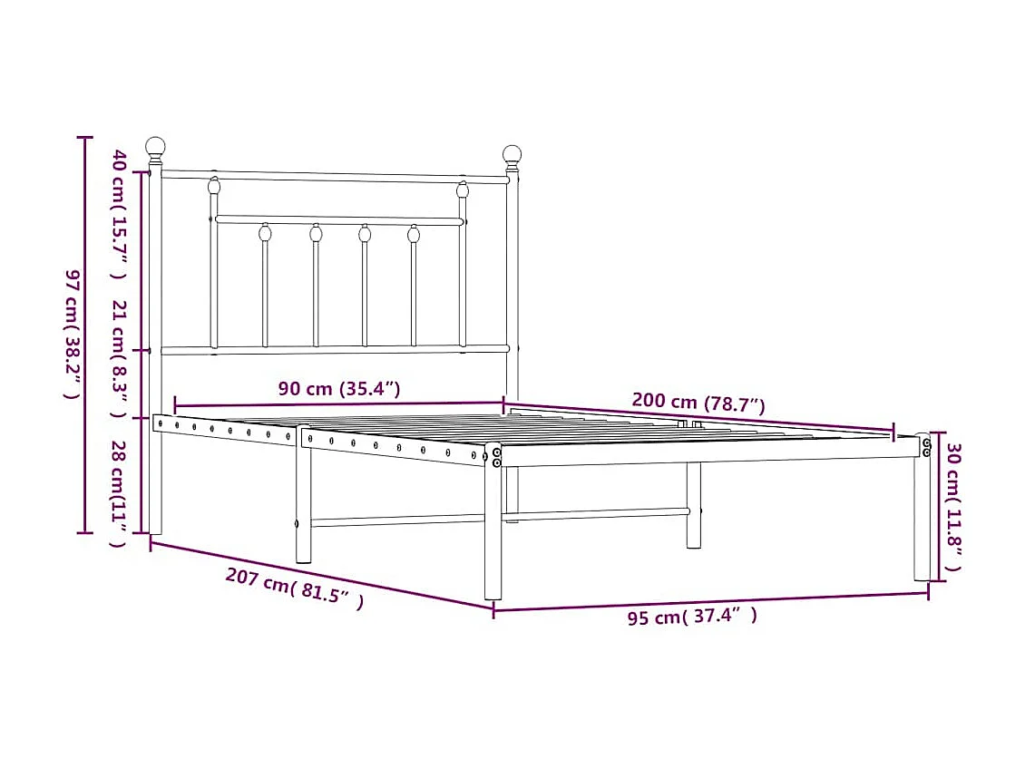Cadre de lit métal sans matelas avec tête de lit blanc 90x200cm