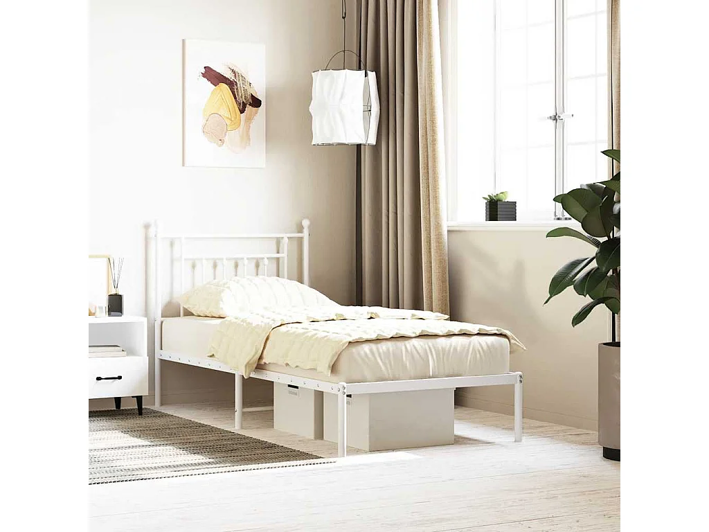 Cadre de lit métal sans matelas avec tête de lit blanc 90x200cm