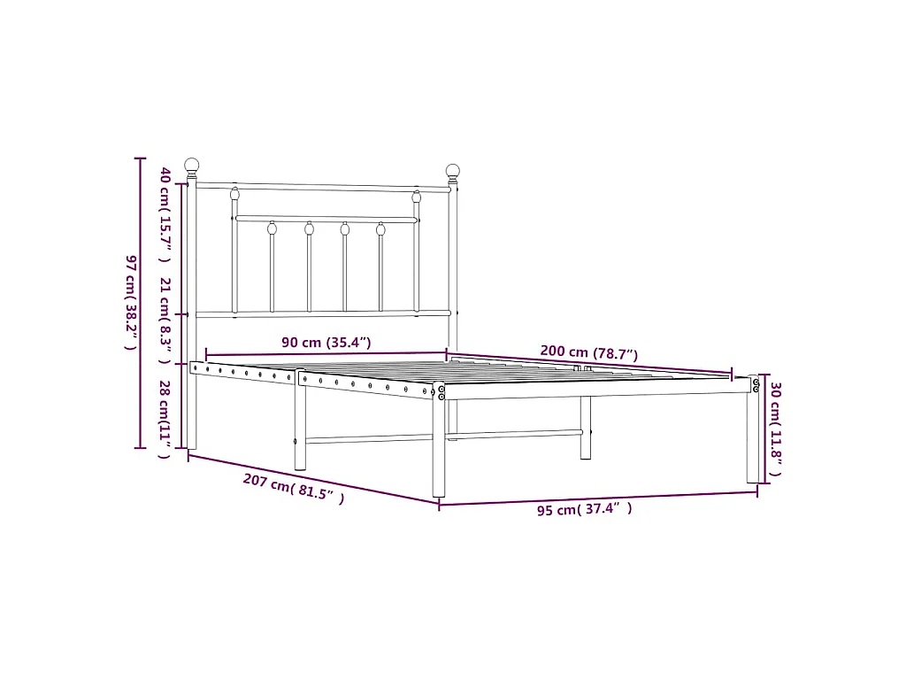Cadre de lit métal sans matelas avec tête de lit blanc 90x200cm