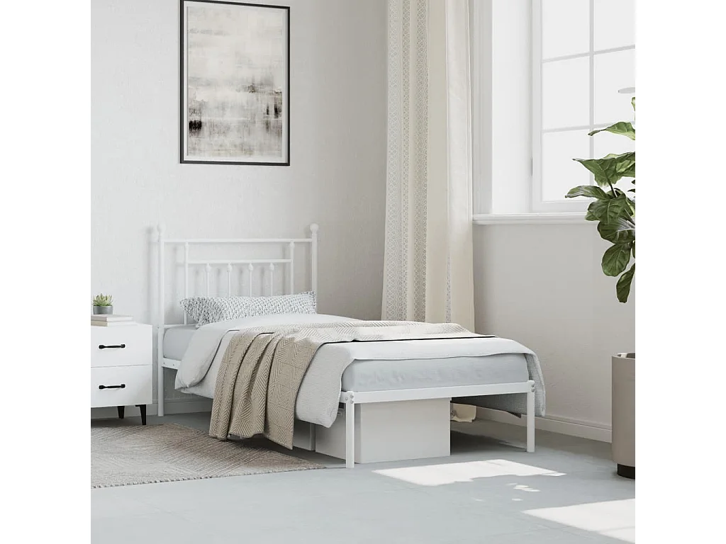 Cadre de lit métal sans matelas avec tête de lit blanc 90x200cm