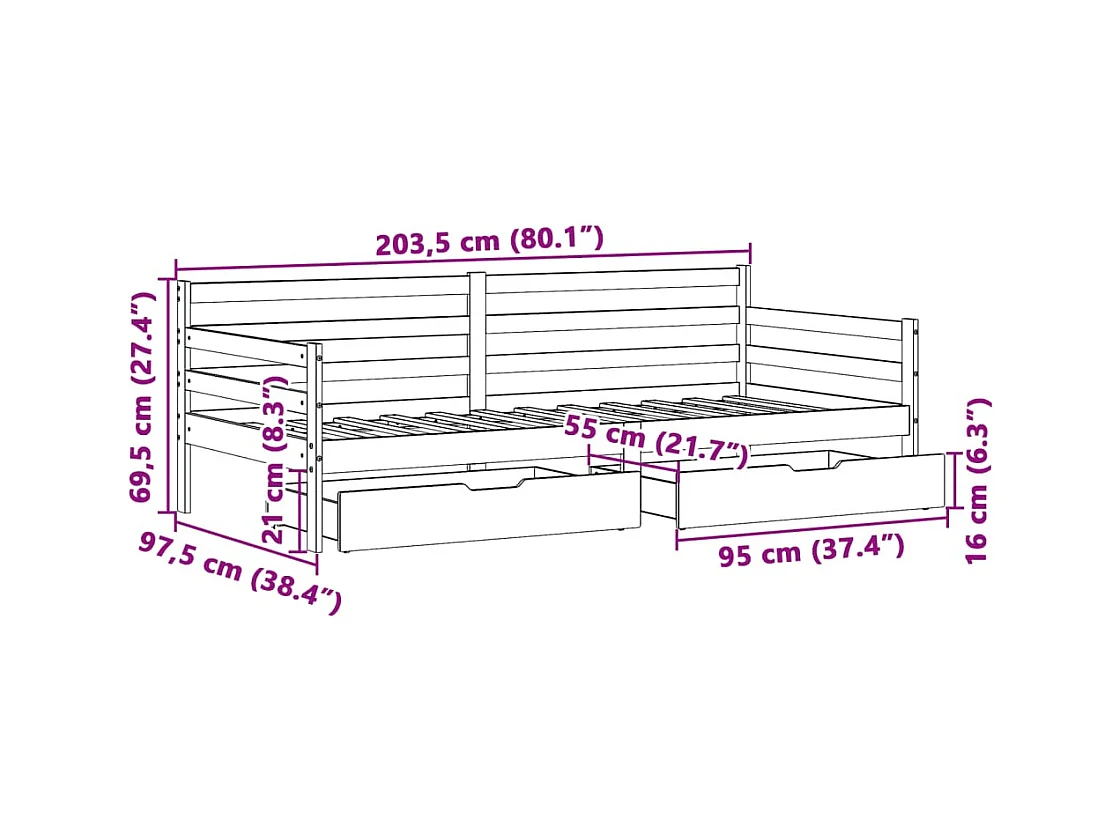 Lit de jour et tiroirs sans matelas blanc 90x200 cm bois massif