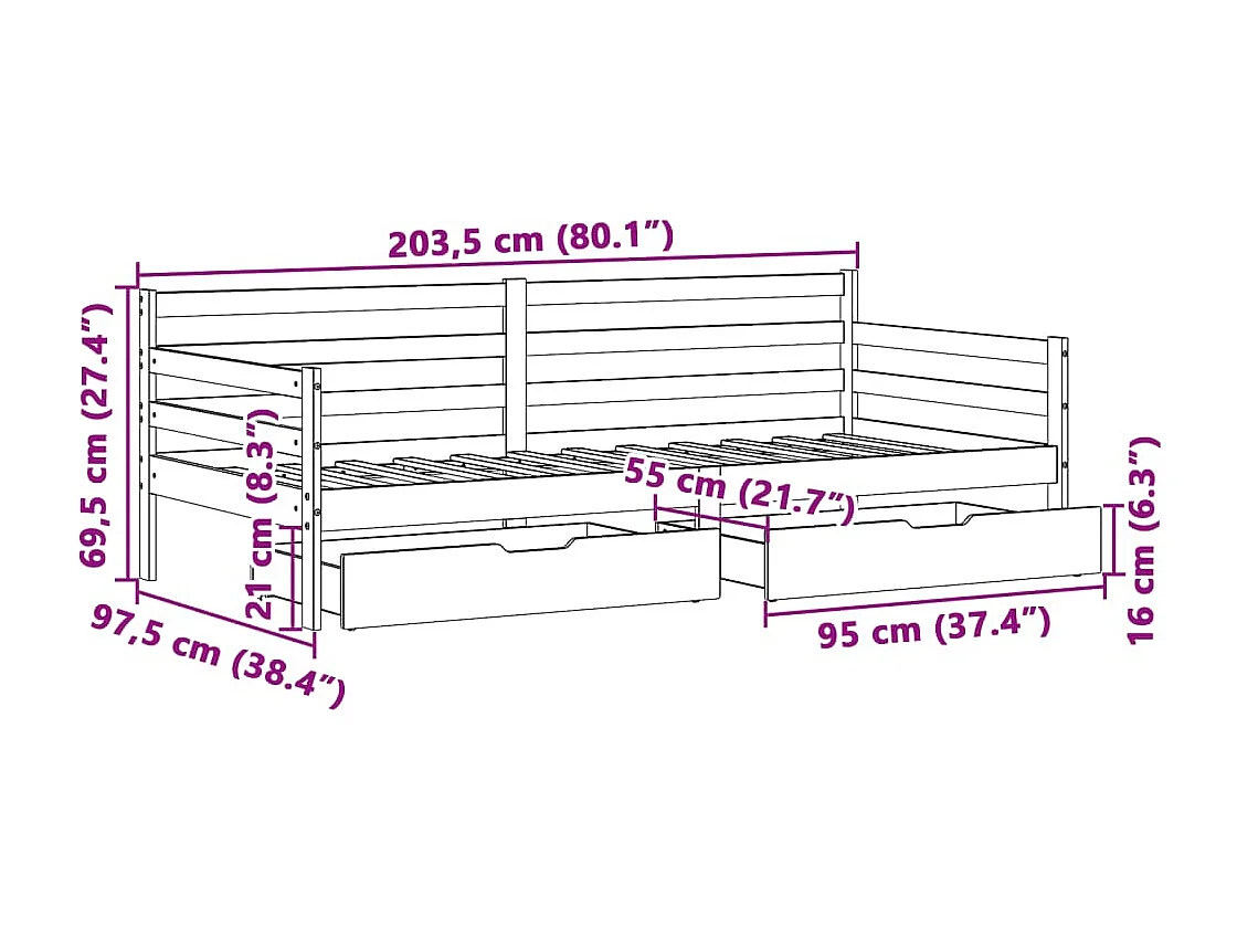 Tagesbett mit Schubladen Weiß 90x200 cm Kiefernholz