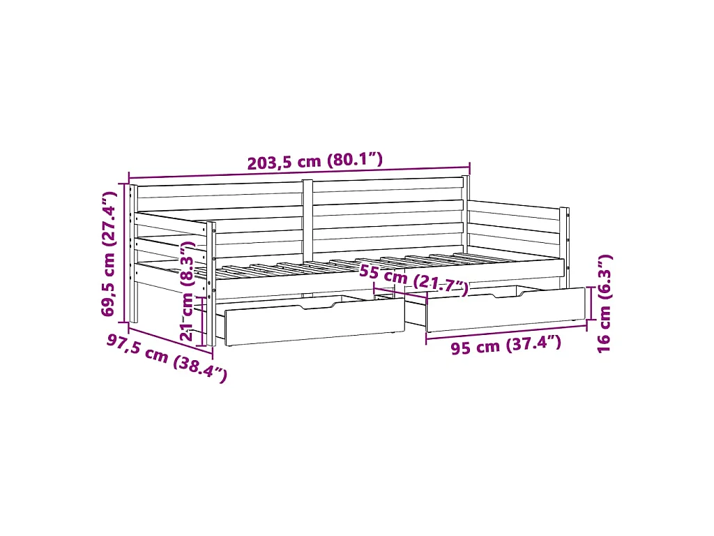 Dormeuse con Cassetti Bianco 90x200 cm Legno Massello di Pino