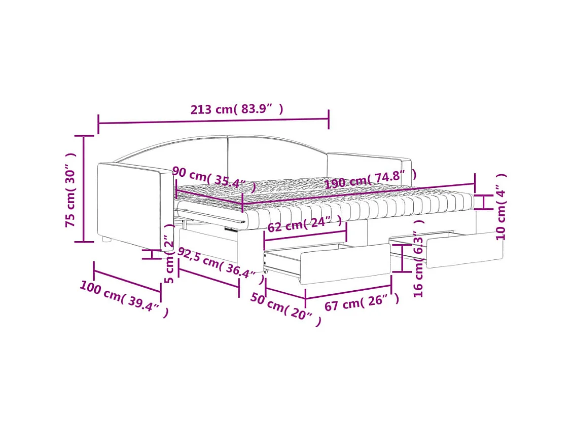 Slaapbank met onderschuifbed en lades 90x190 cm stof zwart
