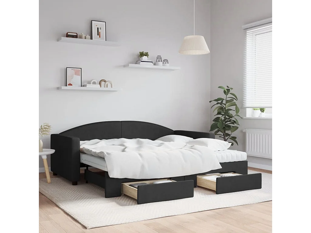 Tagesbett Ausziehbar mit Schubladen Schwarz 90x190 cm Stoff