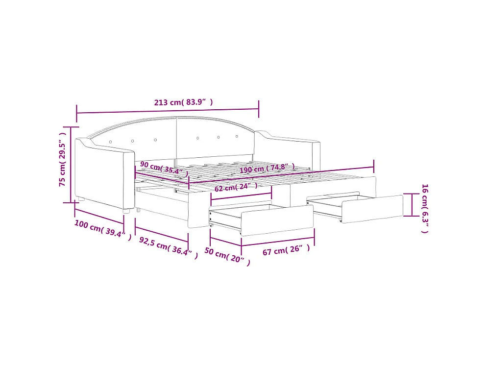Lit de jour avec gigogne et tiroirs sans matelas 90x190 cm