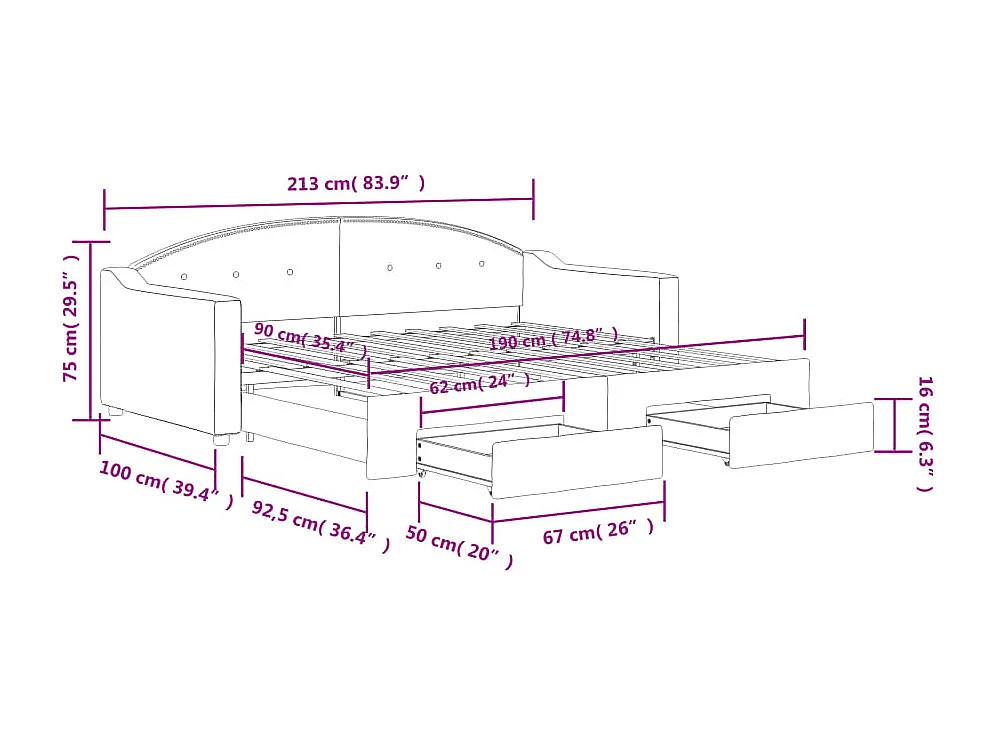 Lit de jour avec gigogne et tiroirs sans matelas 90x190 cm
