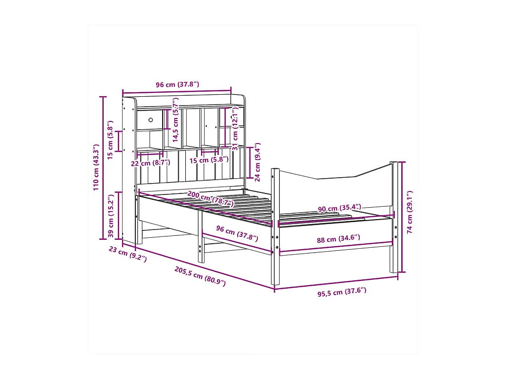 Cadre de lit sans matelas 90x200 cm bois de pin massif