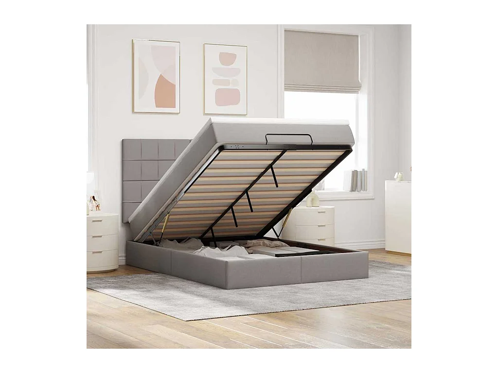 Cadre de lit ottoman avec matelas taupe 140x200 cm tissu