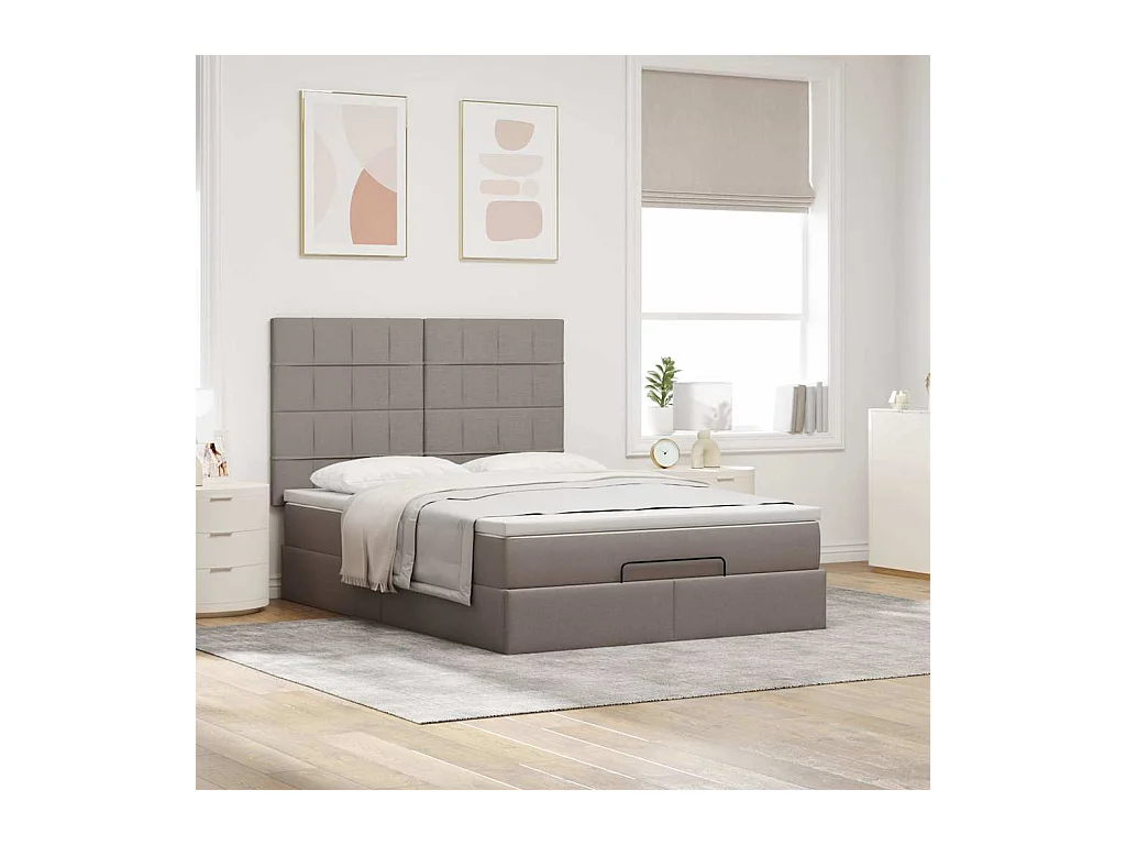 Cadre de lit ottoman avec matelas taupe 140x200 cm tissu