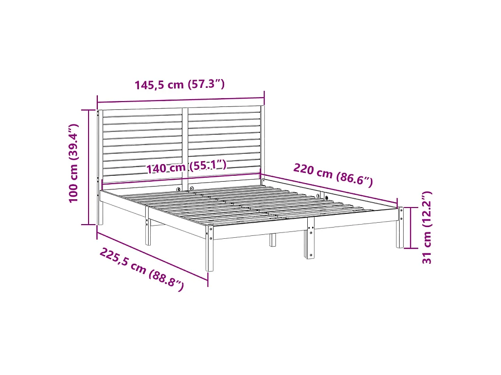 Bedframe extra lang zonder matras massief hout 140x220 cm