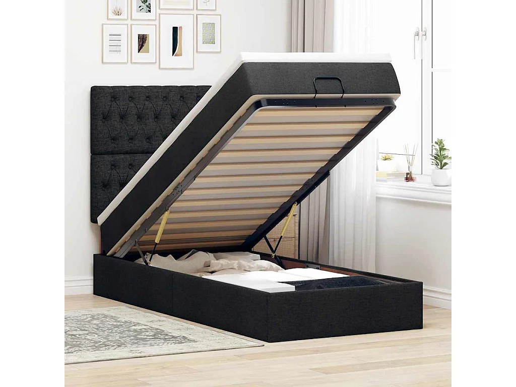 Cama otomana com colchão 100x200 cm tecido preto