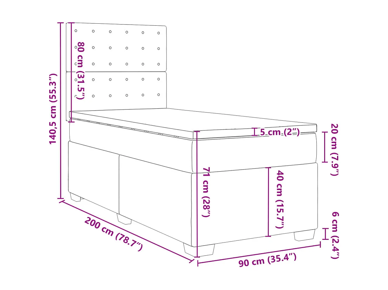 Cama box spring con colchón tela negro 90x200 cm