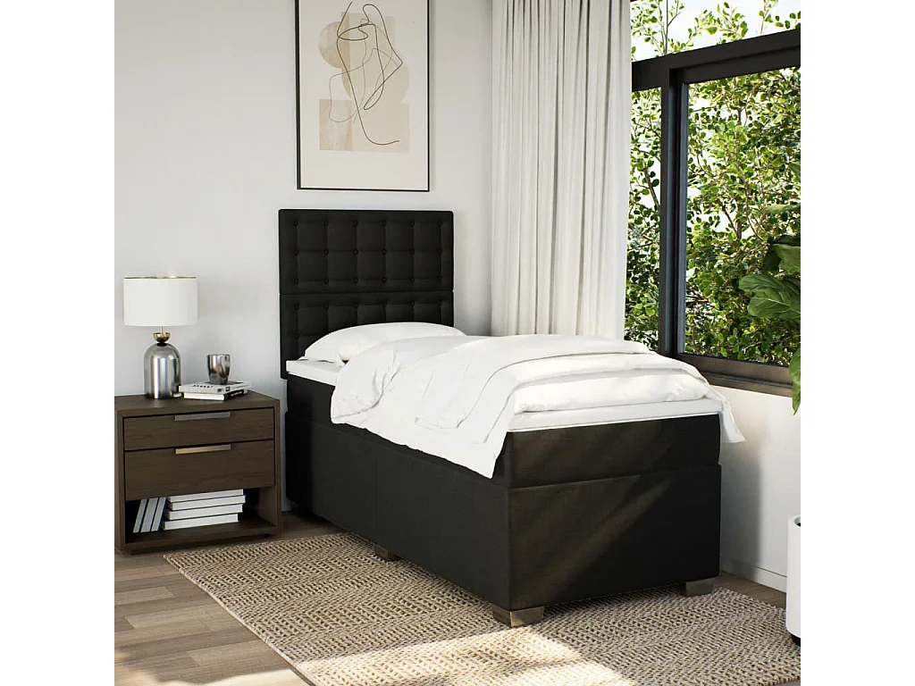 Cama box spring con colchón tela negro 90x200 cm
