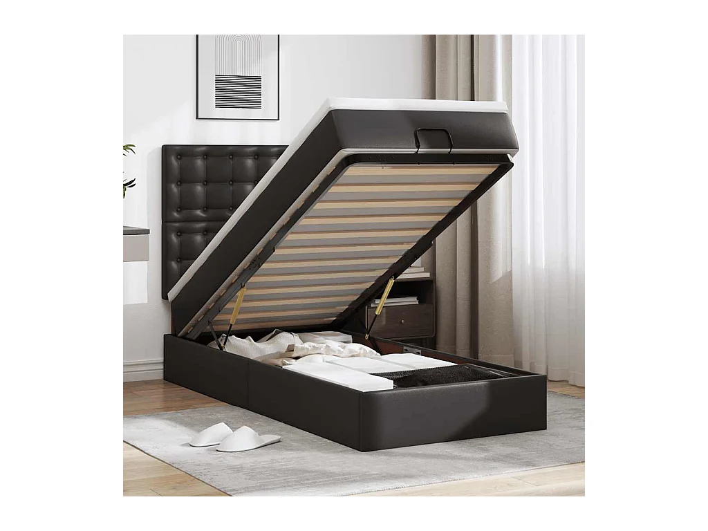 Lit ottoman avec matelas noir 90x200 cm similicuir