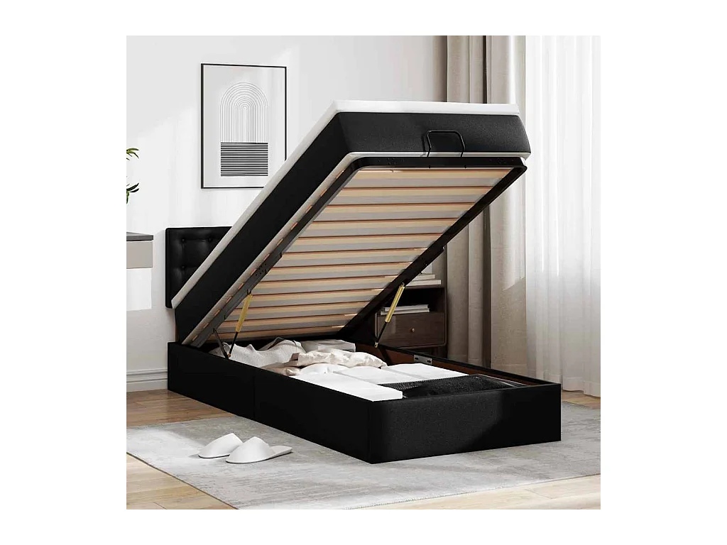 Ottoman-Bett mit Matratzen & LEDs Schwarz 100x200 cm Kunstleder