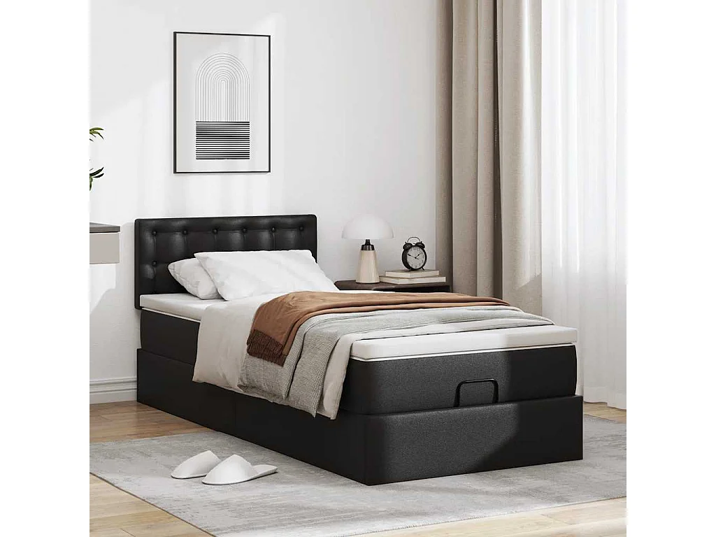 Struttura Letto Pouf con Materasso Nero 100x200 cm Similpelle