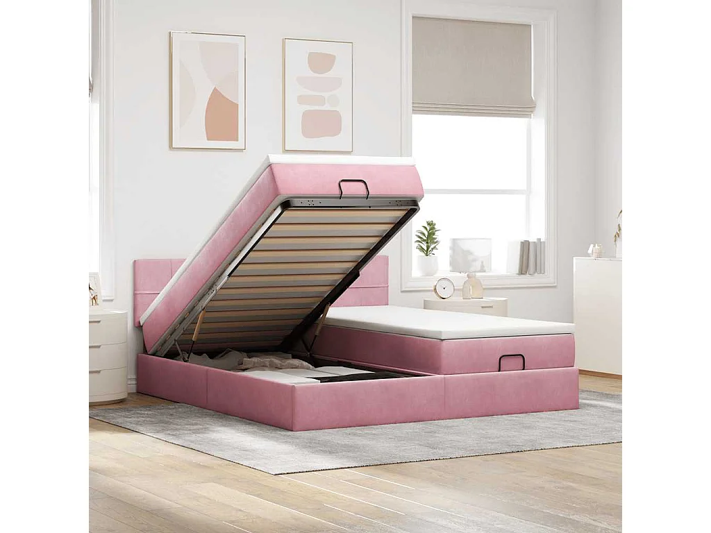 Struttura Letto Pouf con Materassi Rosa 180x200 cm Velluto