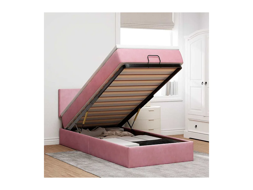 Cadre de lit ottoman avec matelas rose 100x200 cm velours
