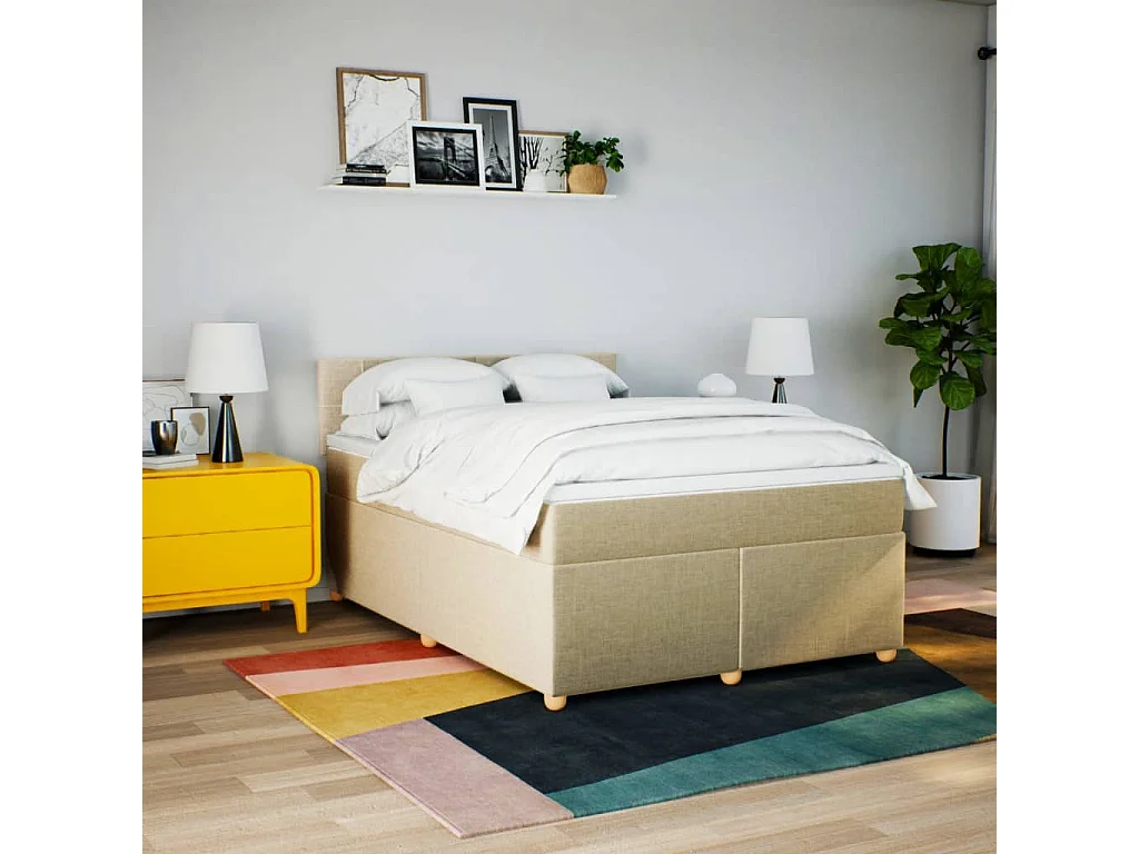 Cama box spring con colchón tela color crema 140x190 cm