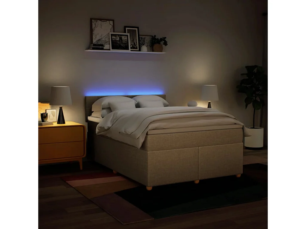 Cama box spring con colchón tela color crema 140x190 cm