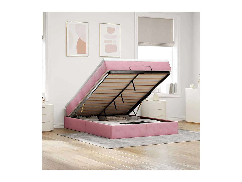 Cadre de lit ottoman avec matelas rose 140x200 cm velours