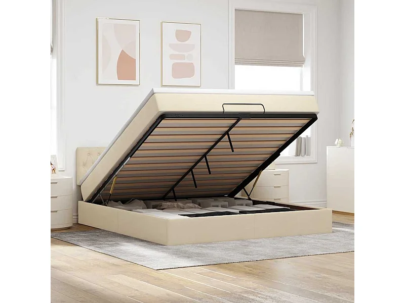 Cadre de lit ottoman avec matelas crème 160x200 cm tissu
