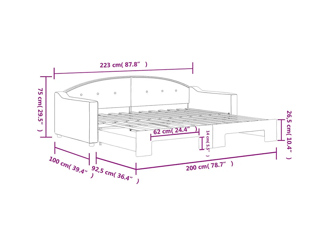 Lit de jour avec gigogne sans matelas taupe 90x200 cm