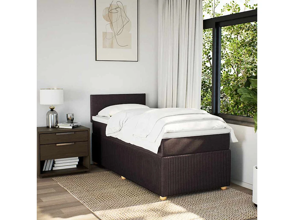 Cama box spring con colchón tela marrón oscuro 90x200 cm