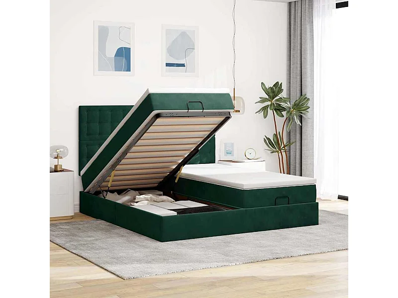 Cadre de lit ottoman avec matelas vert foncé 180x200cm velours