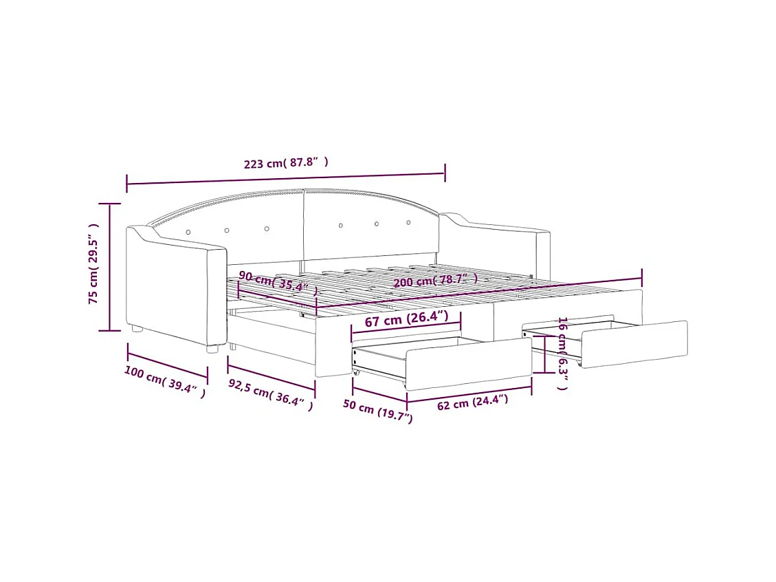 Lit de jour avec gigogne et tiroirs sans matelas 90x200 cm