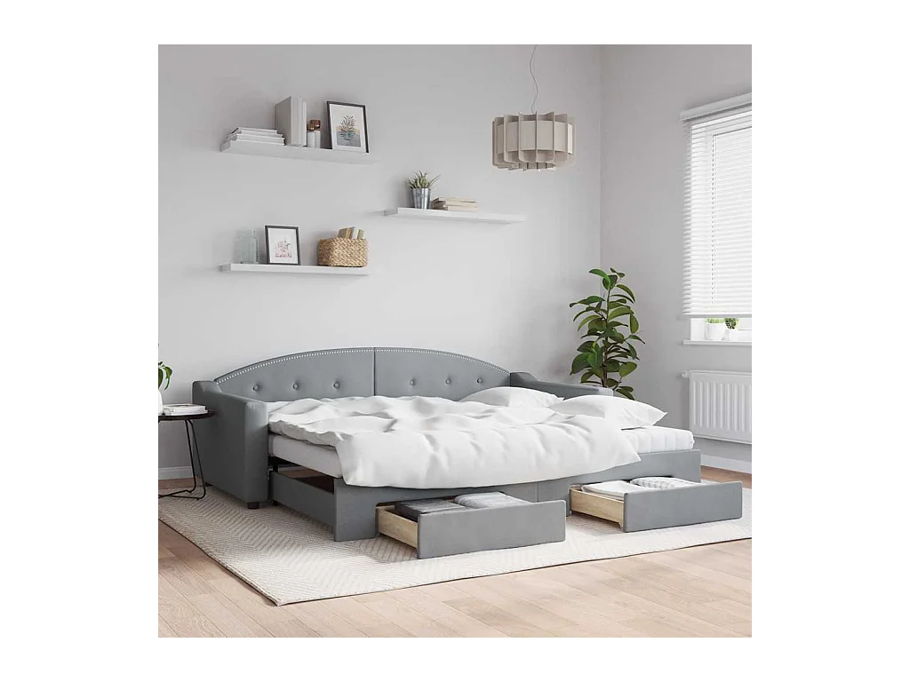 Slaapbank met onderschuifbed en lades 90x200 cm stof lichtgrijs