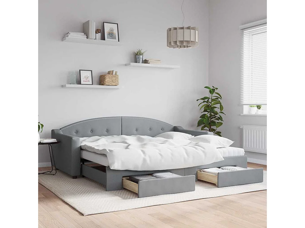 Slaapbank met onderschuifbed en lades 90x200 cm stof lichtgrijs