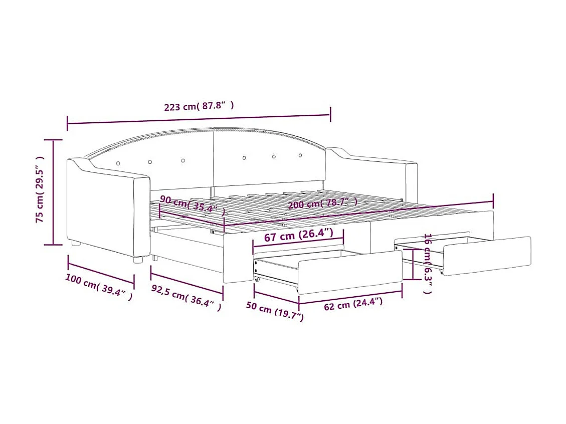 Slaapbank met onderschuifbed en lades 90x200 cm stof lichtgrijs