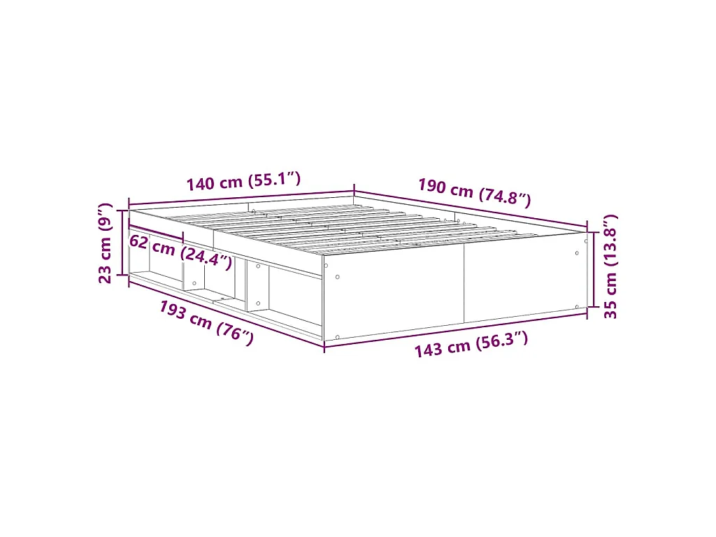 Cadre de lit sans matelas chêne artisanal 140x190 cm