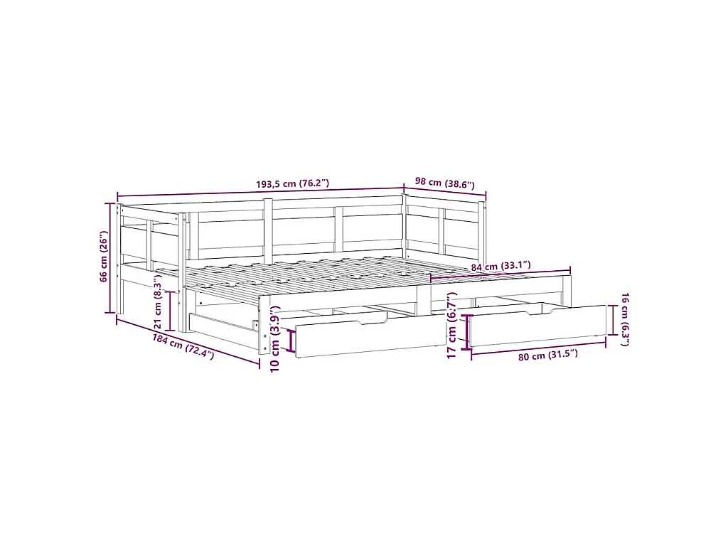 Slaapbank met onderschuifbed/lades zonder matras 90x190 cm wit
