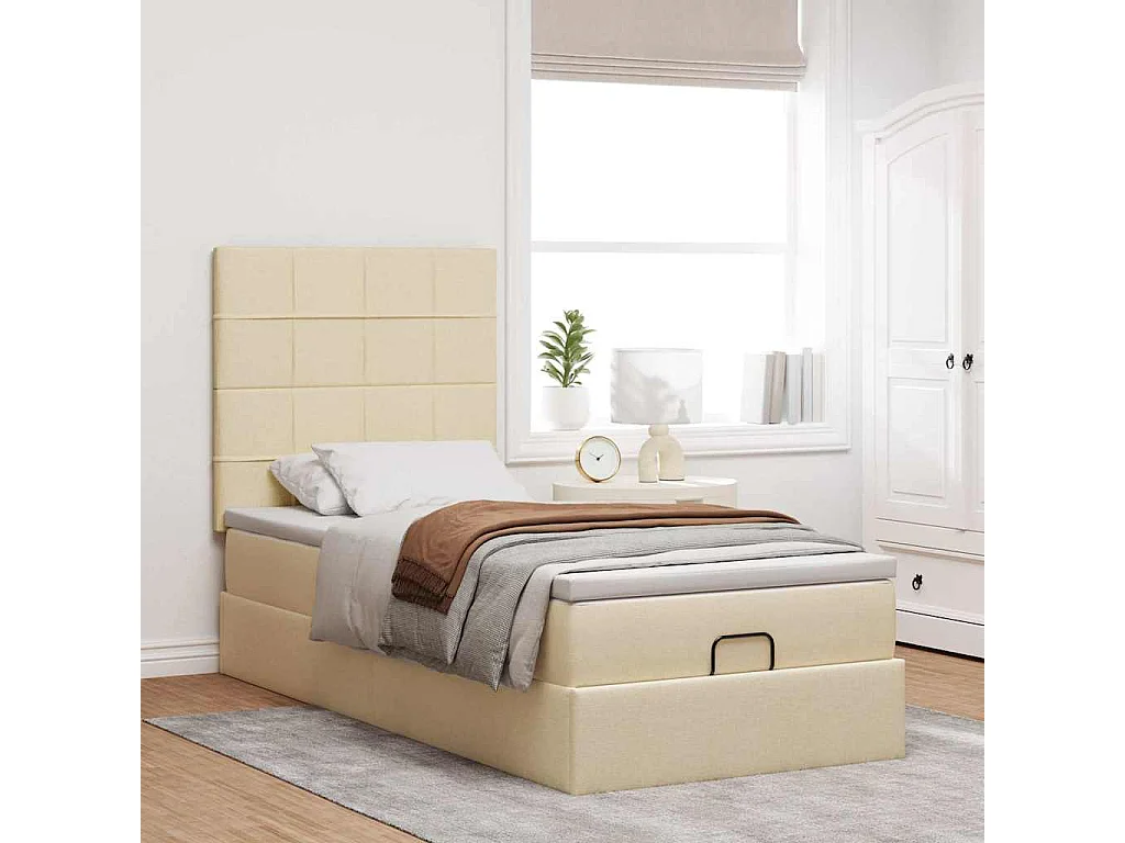 Cama otomana con colchón y luces LED tela crema 90x200 cm