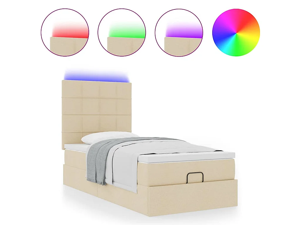 Cama otomana con colchón y luces LED tela crema 90x200 cm