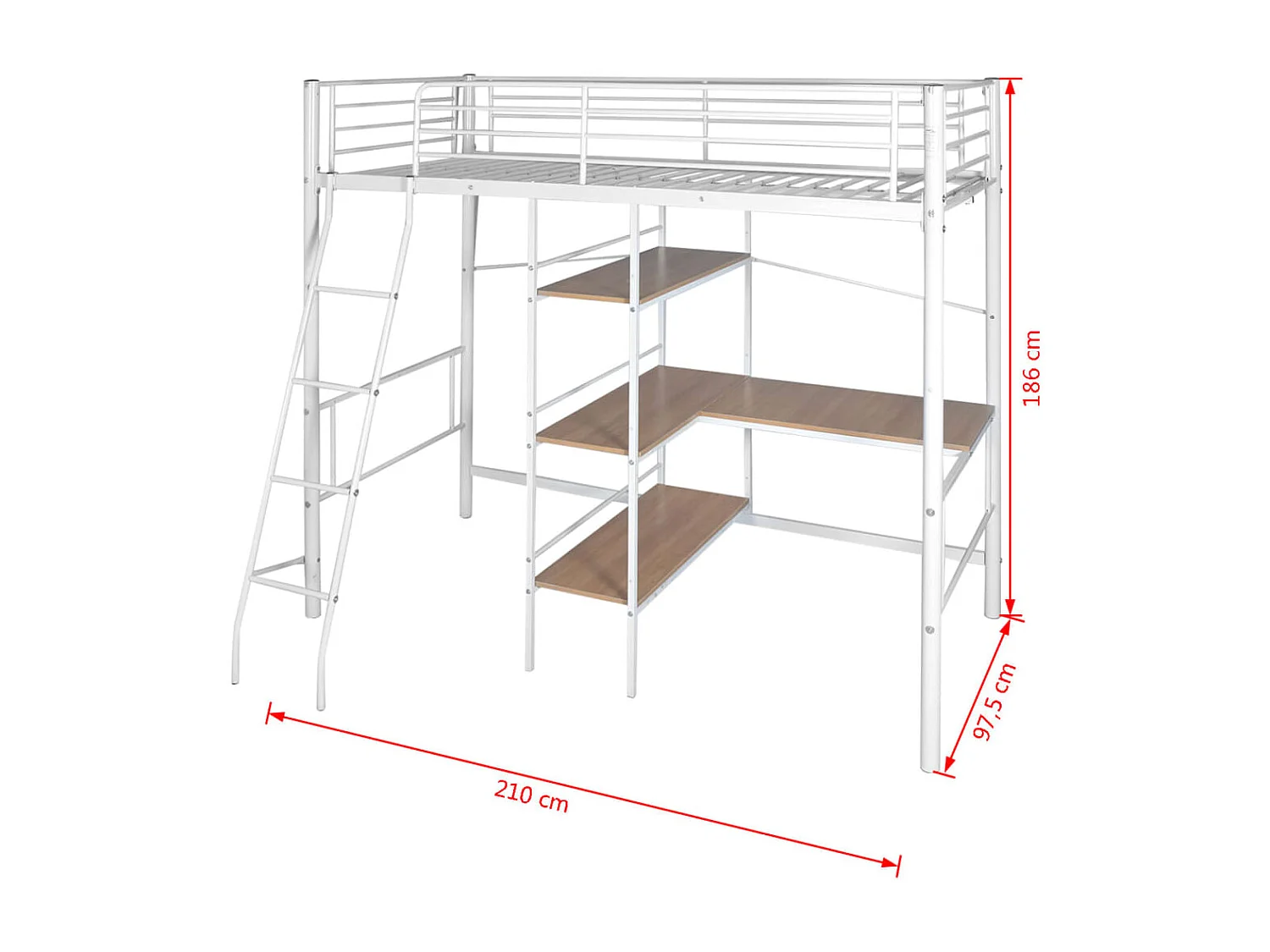 Cama alta com secretária metal 90x200 cm branco e castanho
