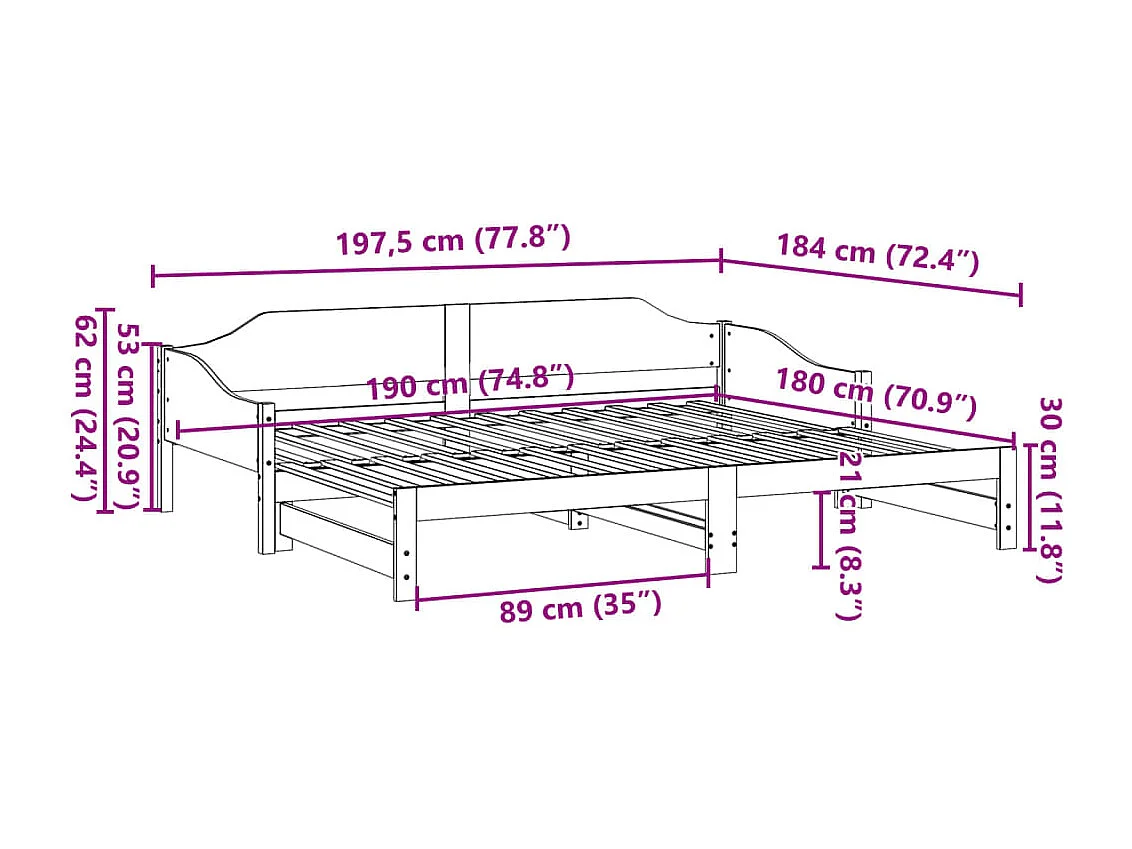 Slaapbank met onderschuifbed 90x190 cm massief grenenhout wit