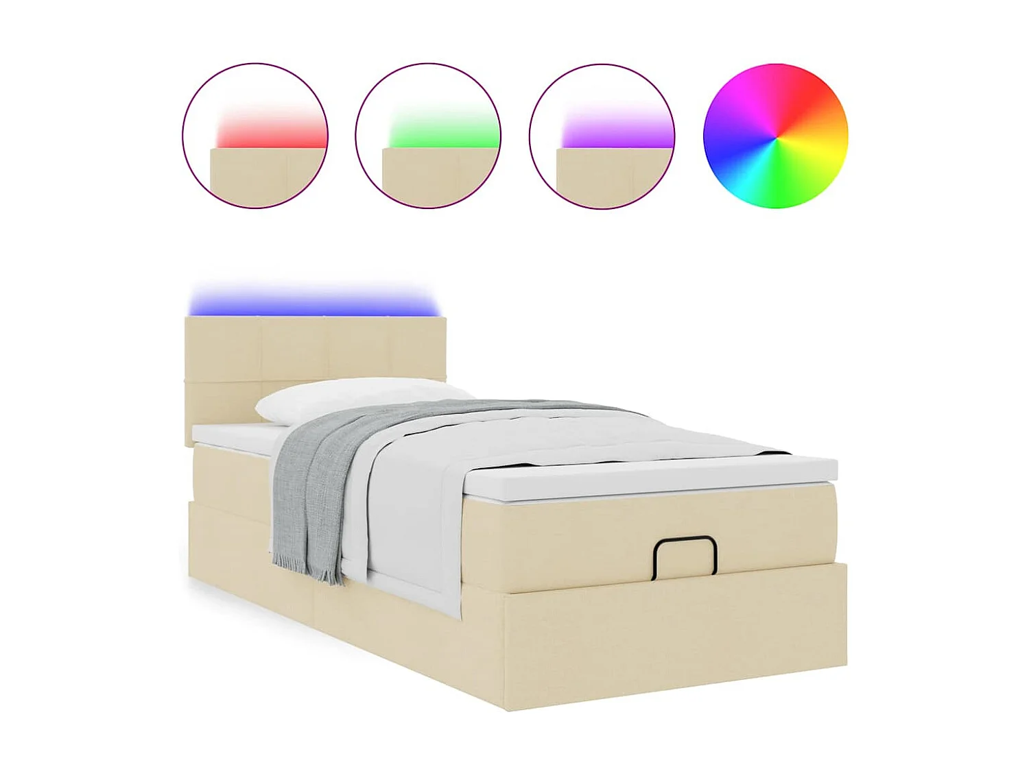 Pouf Letto con Materasso e LED Crema 90x200 cm in Tessuto