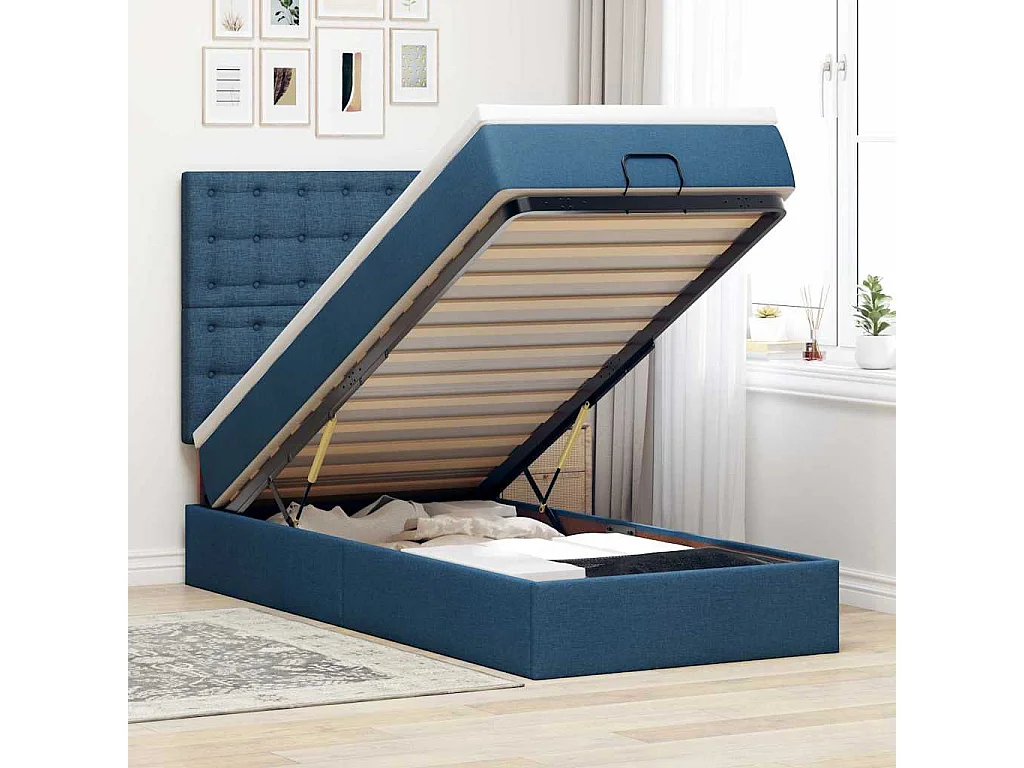Lit ottoman avec matelas et LED Bleu 90x200 cm Tissu